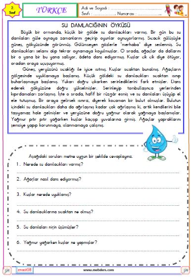 2. Sınıf Türkçe Okuma ve Anlama Metni Etkinliği ( Su Damlacığının Öyküsü )